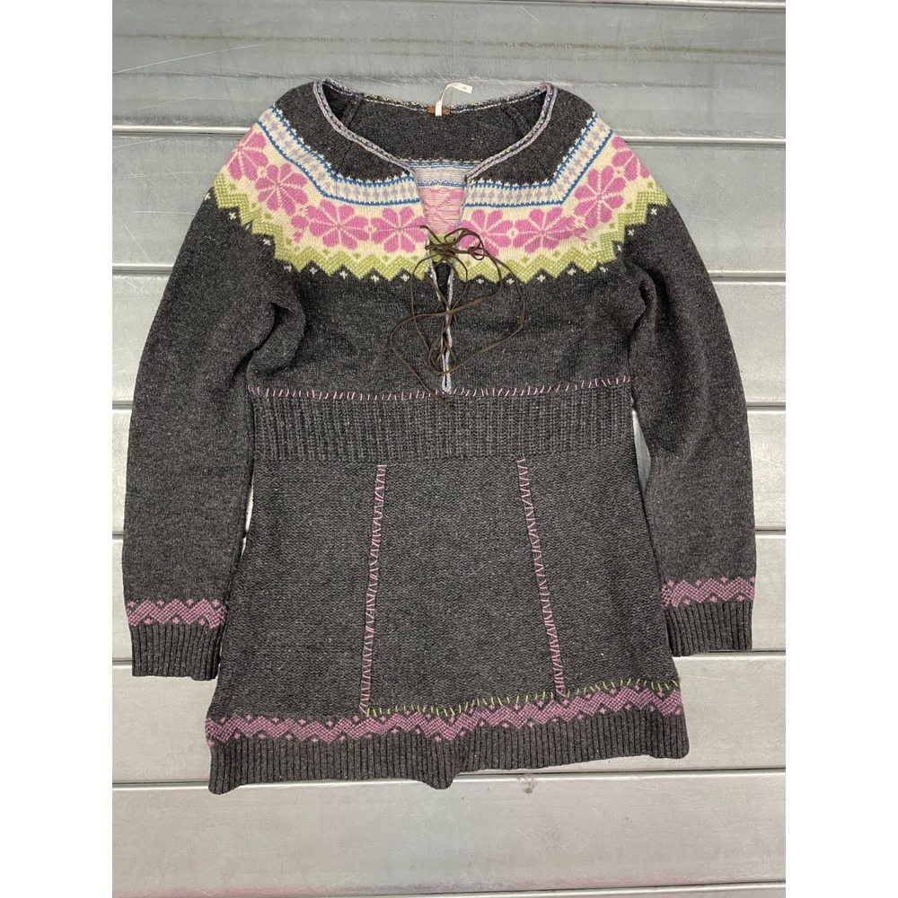 Free‎ People Boho Tunic Sweater Womens Large Grey Wool Fair Isle
